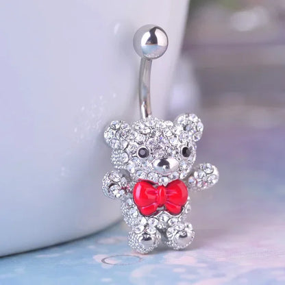 Versatile Red Bow Tie Bear Belly Button Ring in 316L Surgical Steel