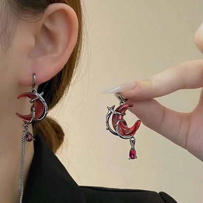 Asymmetry Red Moon Rose Earrings for Women European American Style Personality Crystal Drop Pendant Earrings Jewelry