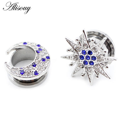 Alisouy 2pcs Stainless Steel Flower Zirconia Moon Star Clock Heart Screw Ear Tunnels Plugs Expander Gauges Body Piercing Jewelry