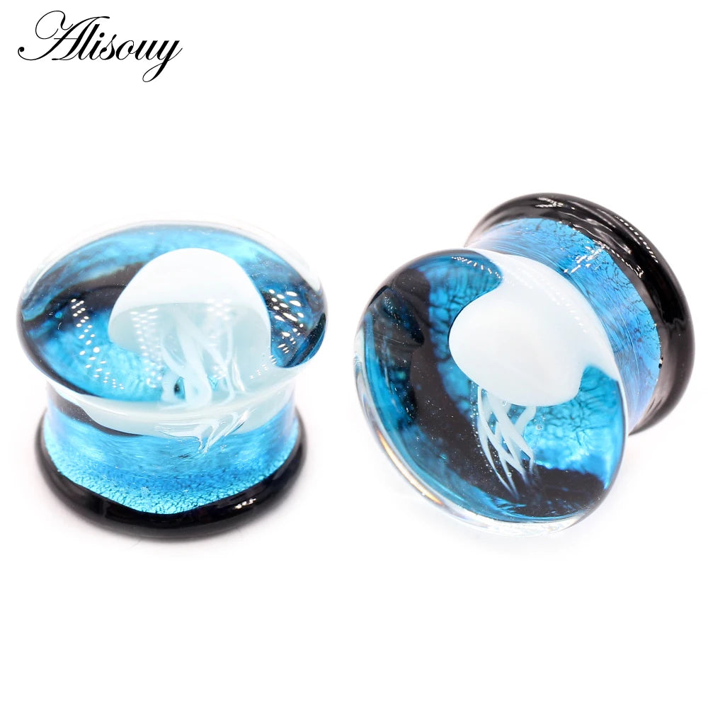 Alisouy 2pcs Transparent Round Glass Luminous Jellyfish Ear Gauges Tunnels Plugs Flesh Stretcher Expander Piercing Body Jewelry
