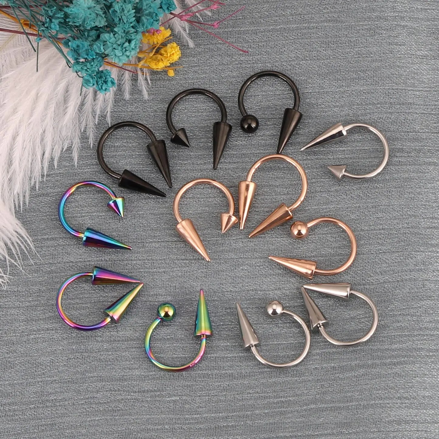 Versatile Stainless Steel Nose Ring Set - Multi-Color 16G Horseshoe Hoop and Spike Septum Piercing Kit