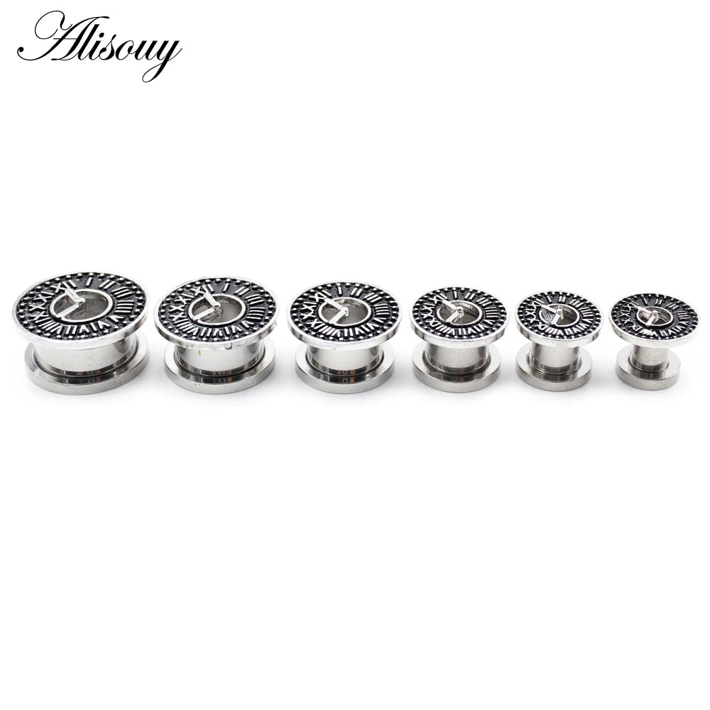 Alisouy 2pcs Stainless Steel Flower Zirconia Moon Star Clock Heart Screw Ear Tunnels Plugs Expander Gauges Body Piercing Jewelry