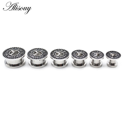 Alisouy 2pcs Stainless Steel Flower Zirconia Moon Star Clock Heart Screw Ear Tunnels Plugs Expander Gauges Body Piercing Jewelry