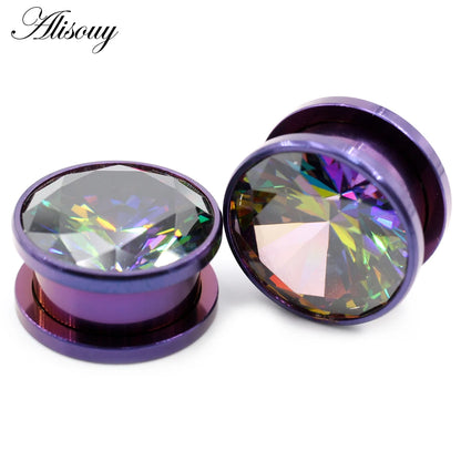 Alisouy 2pcs Stainless Steel Zirconia Crystal Screw Ear Tunnels Plugs Expander Stretcher Gauges Earrings Body Piercing Jewelry