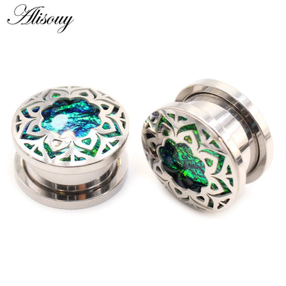 Alisouy 2pcs Retro Stainless Steel Opal Hollow Flower Ear Tunnels Plugs Expander Stretcher Gauges Earrings Body Piercing Jewelry