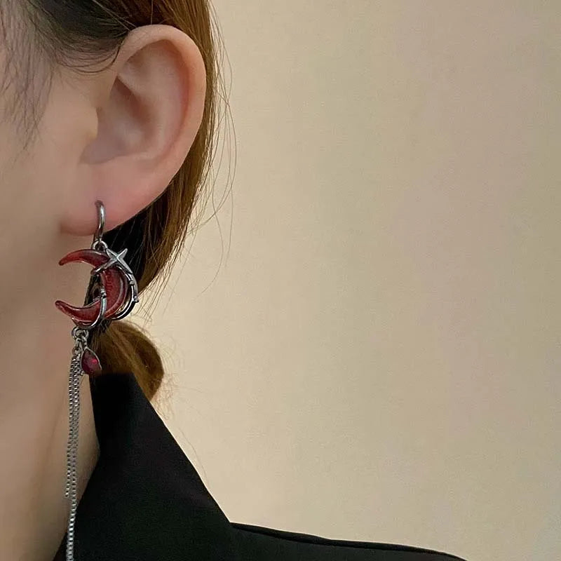 Asymmetry Red Moon Rose Earrings for Women European American Style Personality Crystal Drop Pendant Earrings Jewelry