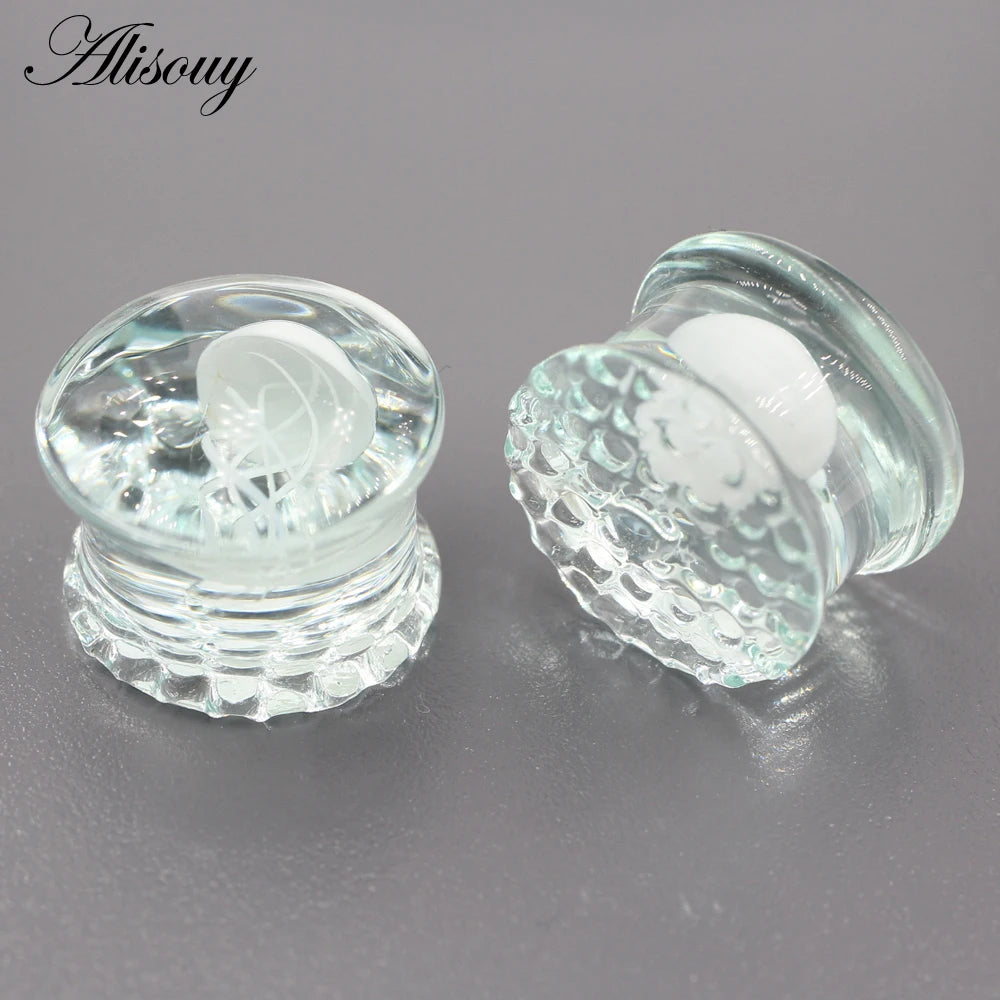 Alisouy 2pcs Transparent Round Glass Luminous Jellyfish Ear Gauges Tunnels Plugs Flesh Stretcher Expander Piercing Body Jewelry