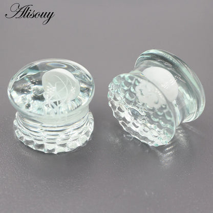 Alisouy 2pcs Transparent Round Glass Luminous Jellyfish Ear Gauges Tunnels Plugs Flesh Stretcher Expander Piercing Body Jewelry