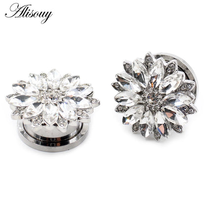Alisouy 2pcs Stainless Steel Flower Zirconia Moon Star Clock Heart Screw Ear Tunnels Plugs Expander Gauges Body Piercing Jewelry