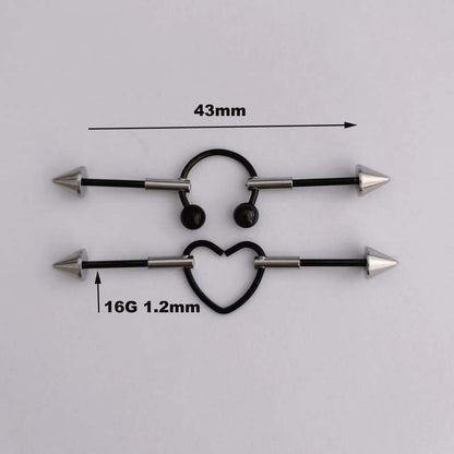 1PC New Stainless Steel Industrial Piercing Contrasting Colors Design Movable Adjustable Industrial Bar Heart Ear Piercing 16G