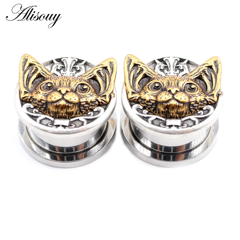 2PCS Stainless Steel Star Moon Sun Skull Cat Butterfly Ear Gauges Tunnels Plugs Expander Stretcher Piercing Body Jewelry