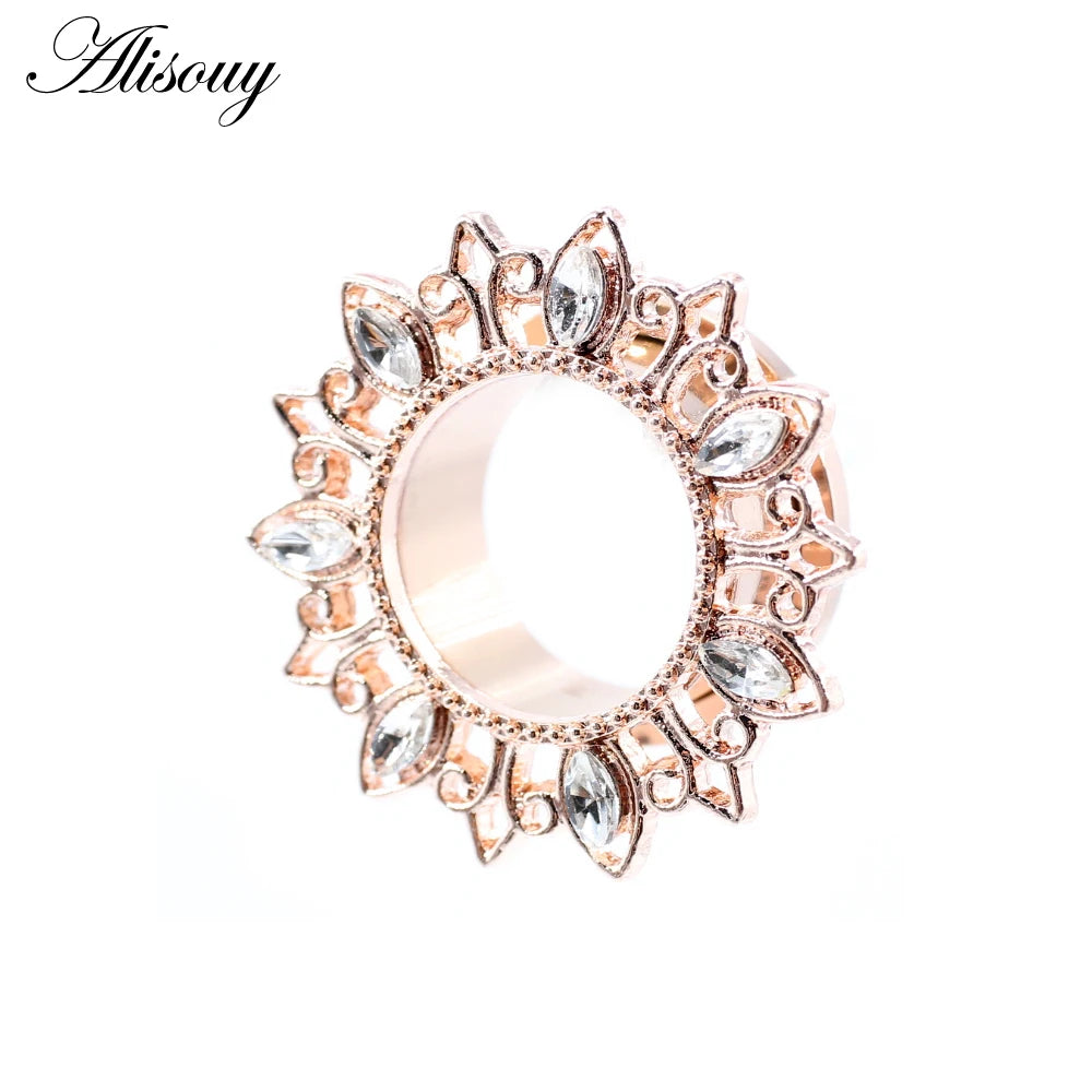 Alisouy 2pcs Stainless Steel Flower Zirconia Moon Star Clock Heart Screw Ear Tunnels Plugs Expander Gauges Body Piercing Jewelry