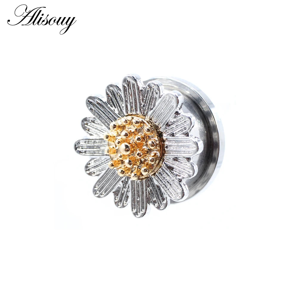 Alisouy 2pcs Stainless Steel Flower Zirconia Moon Star Clock Heart Screw Ear Tunnels Plugs Expander Gauges Body Piercing Jewelry