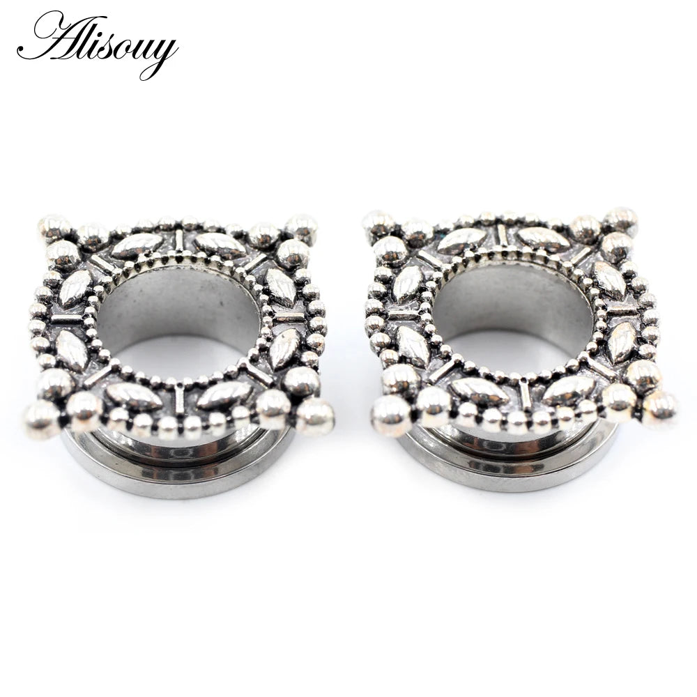 Alisouy 2pcs Stainless Steel Flower Triangle Cone Owl Zircon Star Screw Ear Tunnels Plugs Expander Gauges Body Piercing Jewelry