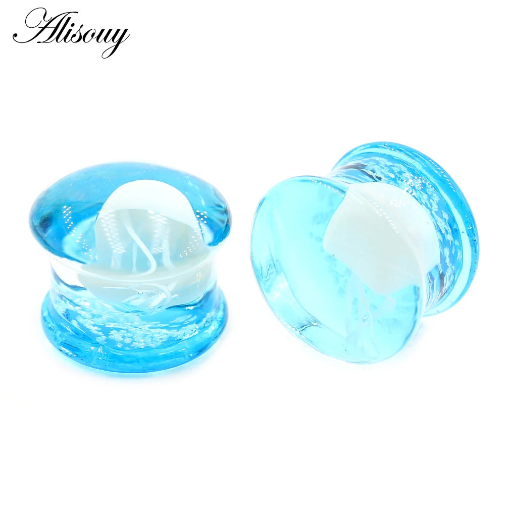 Alisouy 2pcs Transparent Round Glass Luminous Jellyfish Ear Gauges Tunnels Plugs Flesh Stretcher Expander Piercing Body Jewelry