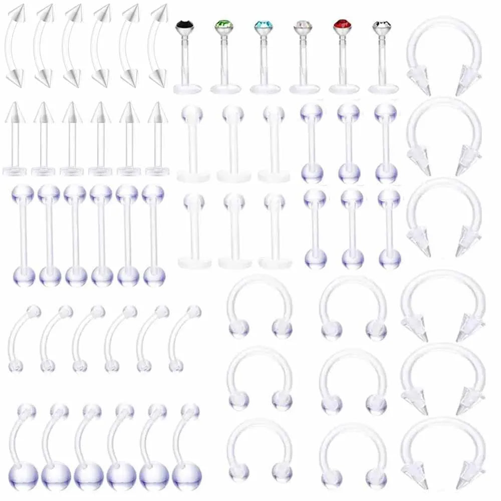 Versatile Acrylic Body Piercing Set - Transparent Barbell Rings for Lips, Ears, Nose, and More