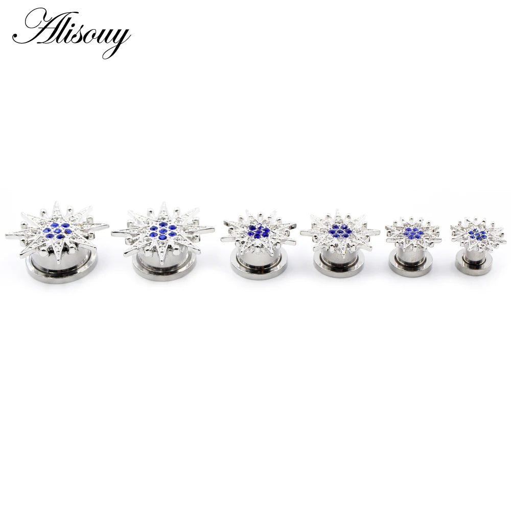 Alisouy 2pcs Stainless Steel Flower Zirconia Moon Star Clock Heart Screw Ear Tunnels Plugs Expander Gauges Body Piercing Jewelry