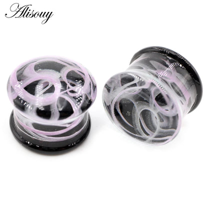Alisouy 2PCS Fashion Round Blue Milky Way Glass Ear Piercing Plugs Strechers Fake Earrrings Romantic Gift For Unisex 6mm to 25mm