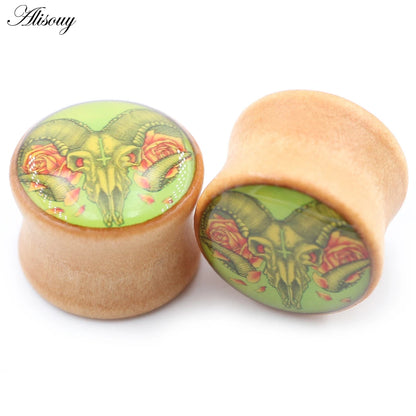 2PCS Wood Sheep Head Cross Epoxy Resin Flared Ear Tunnels Plug Expander Stretcher Gauges Earrings Piercing Body Jewelry