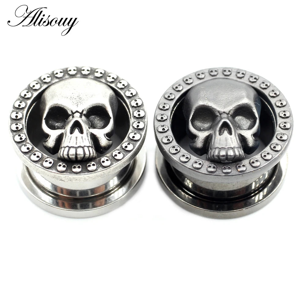 Alisouy 2PCS 8-25mm Stainless Steel Skull Screw Round Ear Gauges Tunnels Plugs Expander Stretcher Earrings Piercing Body Jewelry