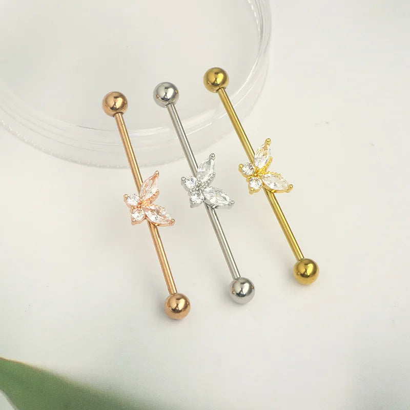 External thread piercing jewelry Industrial barbell earrings Butterfly zircon ear bridge double piercing earrings