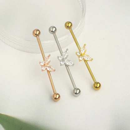External thread piercing jewelry Industrial barbell earrings Butterfly zircon ear bridge double piercing earrings