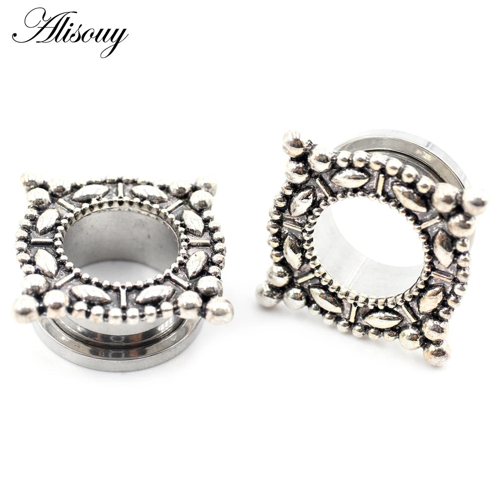 Alisouy 2pcs Stainless Steel Flower Triangle Cone Owl Zircon Star Screw Ear Tunnels Plugs Expander Gauges Body Piercing Jewelry