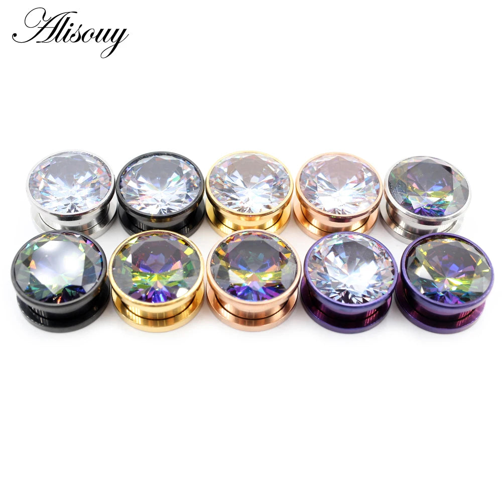 Alisouy 2pcs Stainless Steel Zirconia Crystal Screw Ear Tunnels Plugs Expander Stretcher Gauges Earrings Body Piercing Jewelry