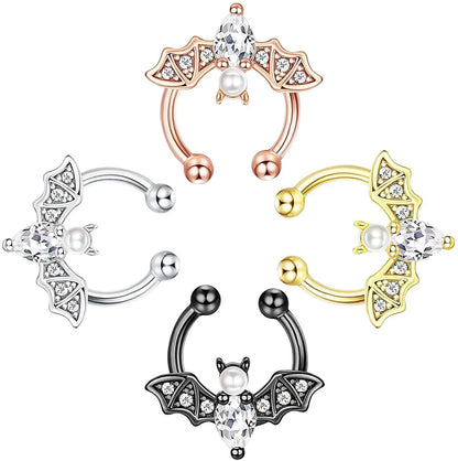 Elegant Stainless Steel Crystal Bat Faux Nose Ring - Non-Piercing Clip on Hoop