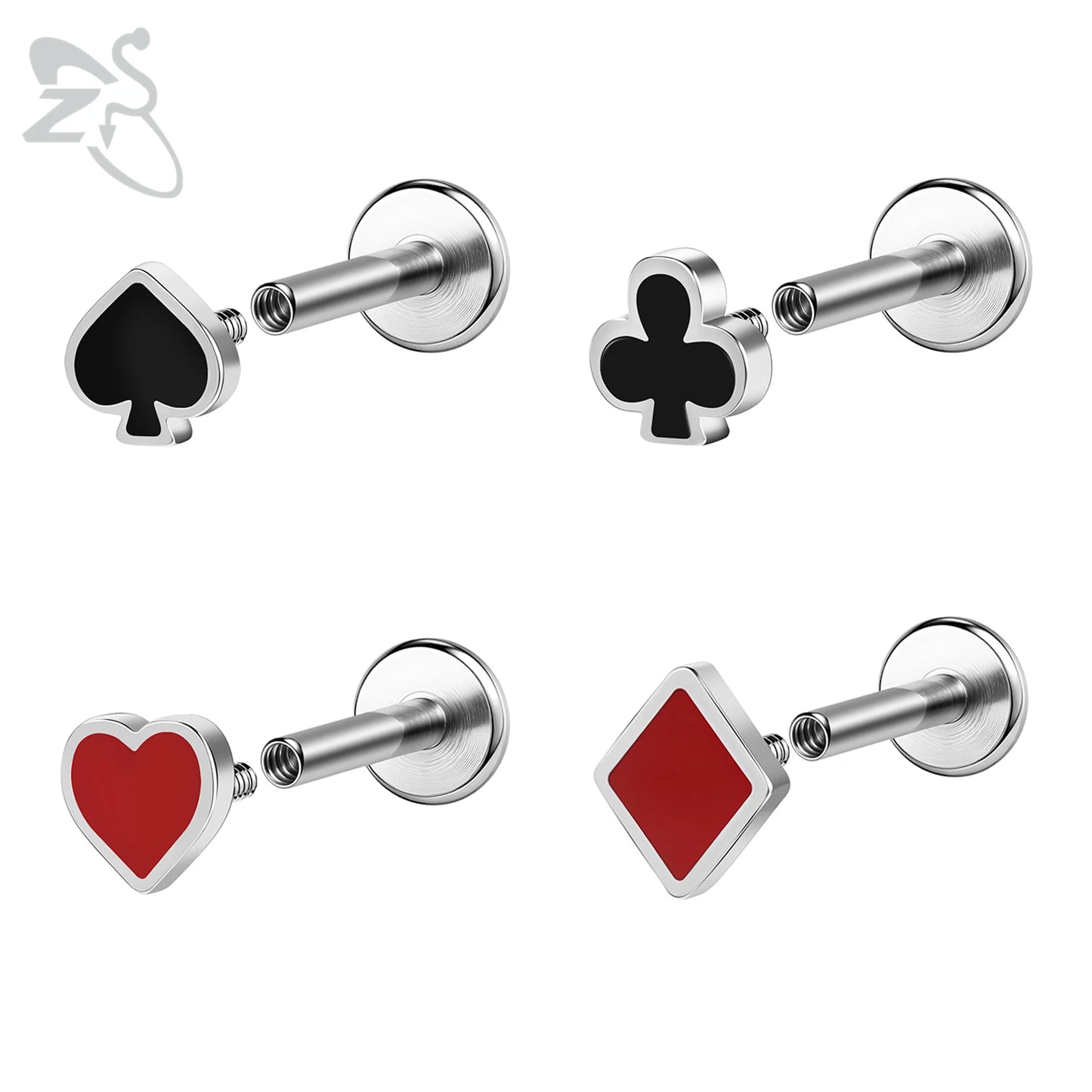 ZS 1 Piece 16G Stainless Steel Labret Lip Piercing Spade Heart Diamond Club Shape Ear Cartilage Tragus Helix Piercings 6MM/8MM