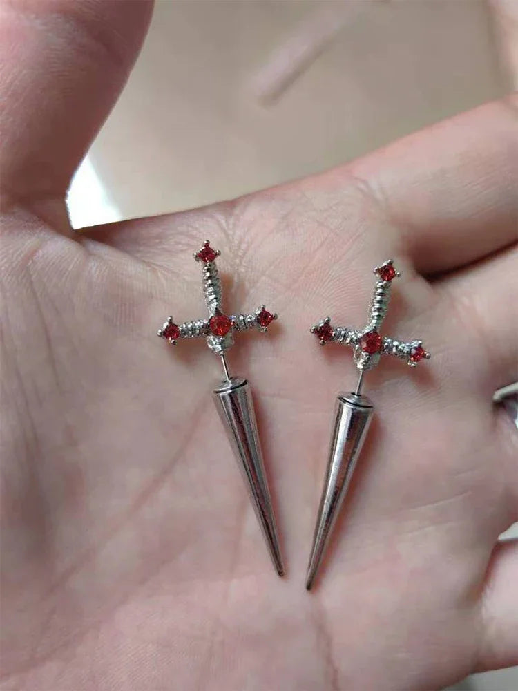 Kiss Jewelry Punk Sword Gothic Kinitial Piercing Earrings for Women Men Goth Crystal Ear Jacket Dagger Stud Earrings Jewelry