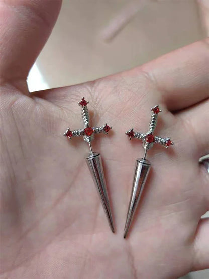 Kiss Jewelry Punk Sword Gothic Kinitial Piercing Earrings for Women Men Goth Crystal Ear Jacket Dagger Stud Earrings Jewelry