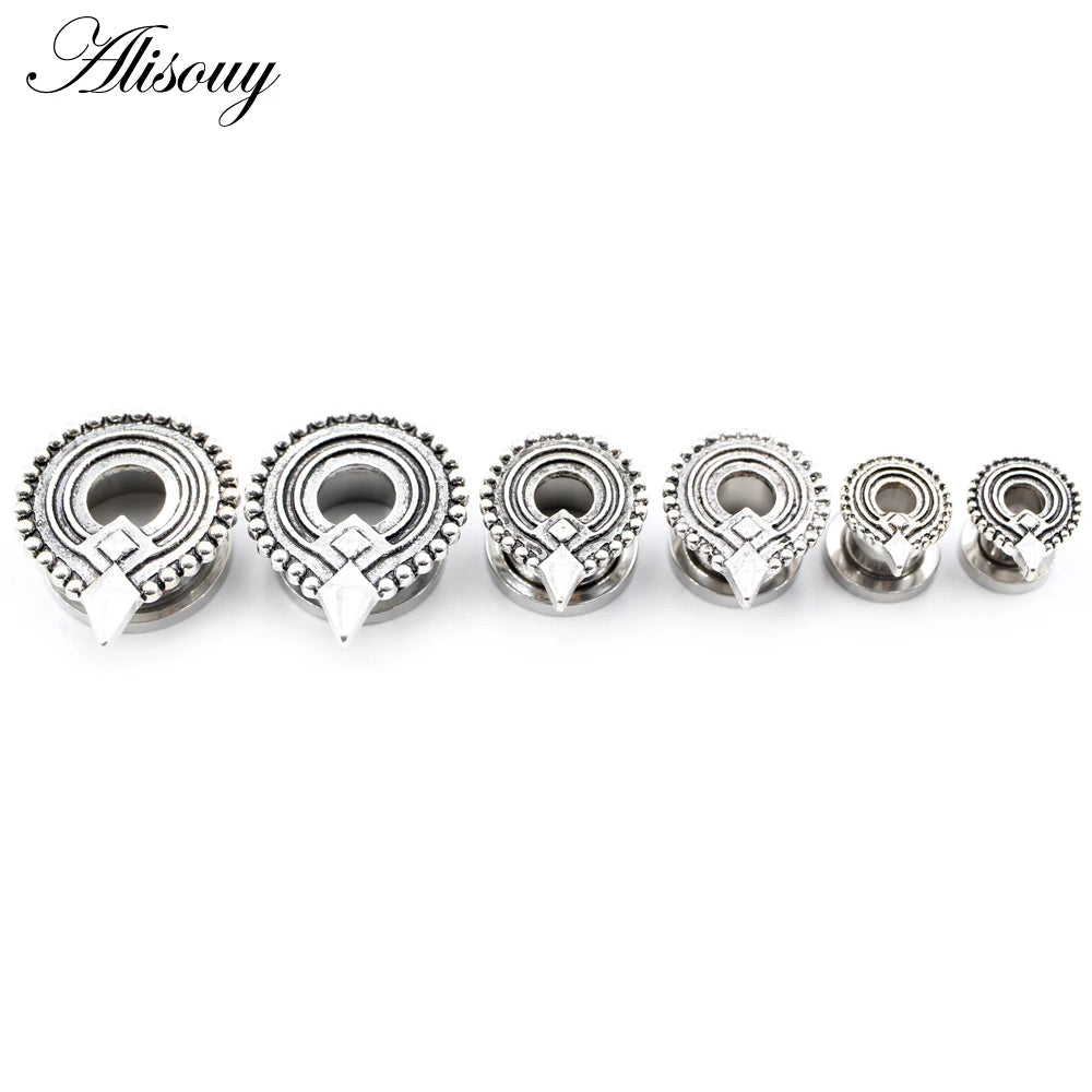 Alisouy 2pcs Stainless Steel Flower Triangle Cone Owl Zircon Star Screw Ear Tunnels Plugs Expander Gauges Body Piercing Jewelry