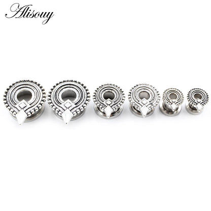 Alisouy 2pcs Stainless Steel Flower Triangle Cone Owl Zircon Star Screw Ear Tunnels Plugs Expander Gauges Body Piercing Jewelry