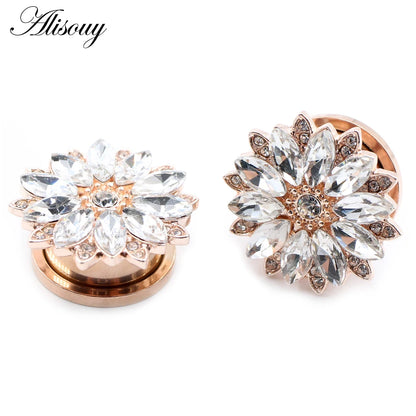 Alisouy 2pcs Stainless Steel Flower Zirconia Moon Star Clock Heart Screw Ear Tunnels Plugs Expander Gauges Body Piercing Jewelry