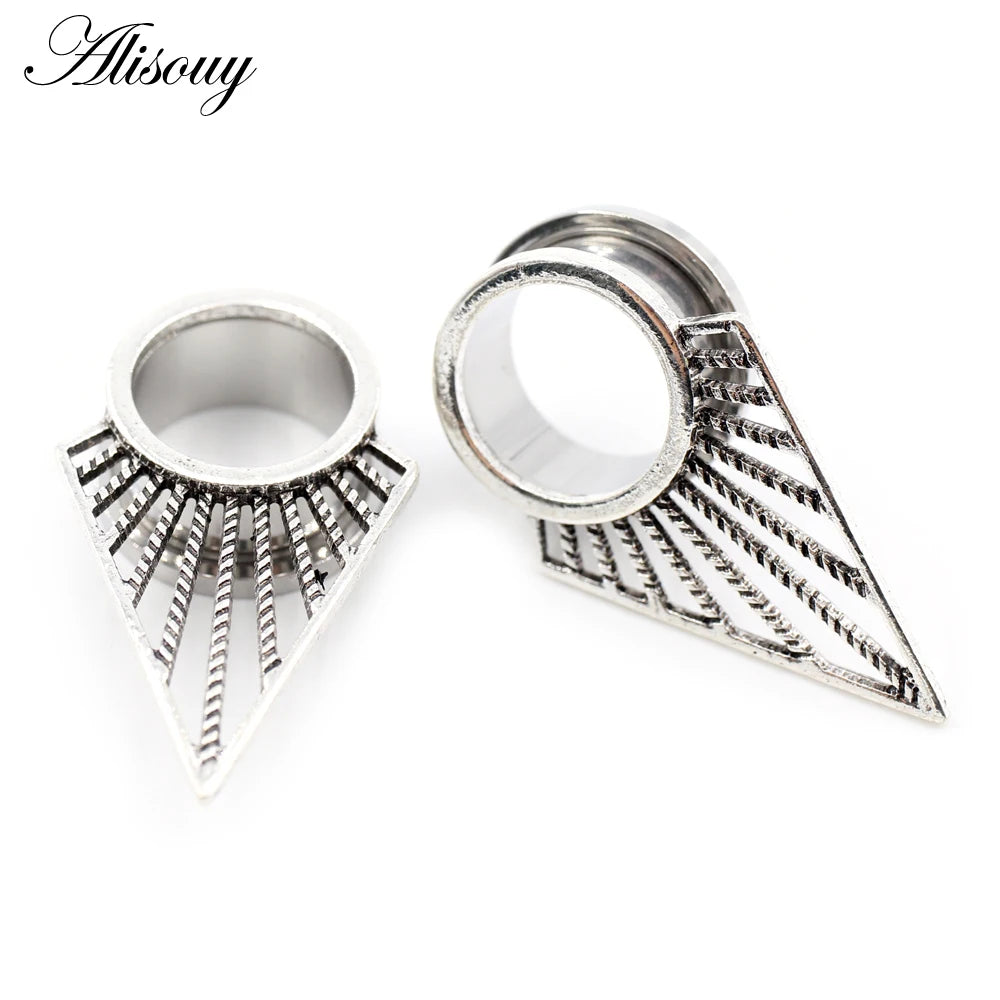 Alisouy 2pcs Stainless Steel Flower Triangle Cone Owl Zircon Star Screw Ear Tunnels Plugs Expander Gauges Body Piercing Jewelry