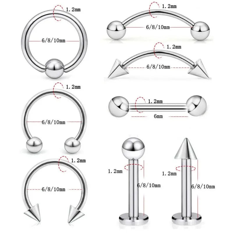 Versatile Stainless Steel Body Jewelry Set - Eyebrow, Nose, Lip, Tongue Rings