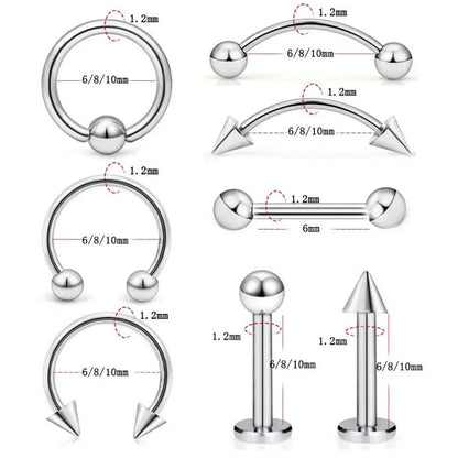 Versatile Stainless Steel Body Jewelry Set - Eyebrow, Nose, Lip, Tongue Rings