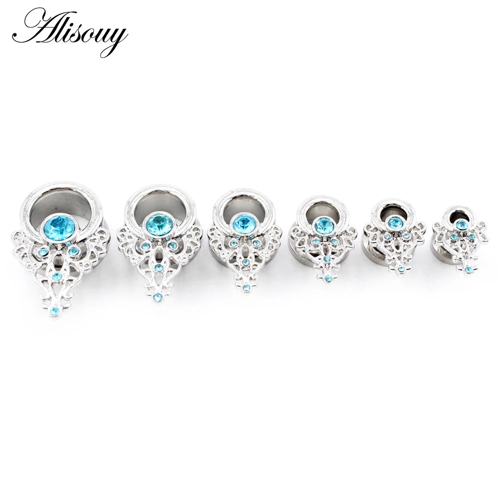 Alisouy 2pcs Stainless Steel Flower Triangle Cone Owl Zircon Star Screw Ear Tunnels Plugs Expander Gauges Body Piercing Jewelry