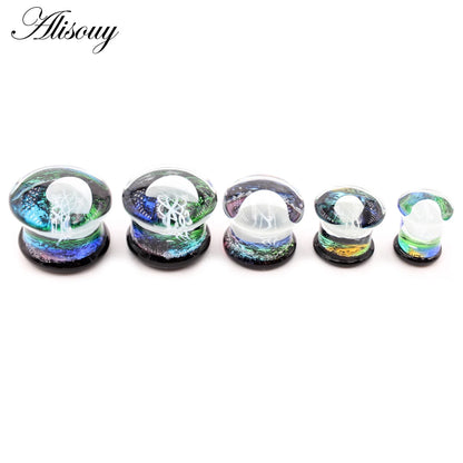Alisouy 2pcs Transparent Round Glass Luminous Jellyfish Ear Gauges Tunnels Plugs Flesh Stretcher Expander Piercing Body Jewelry