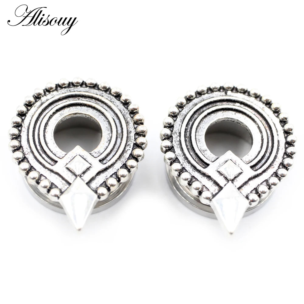 Alisouy 2pcs Stainless Steel Flower Triangle Cone Owl Zircon Star Screw Ear Tunnels Plugs Expander Gauges Body Piercing Jewelry