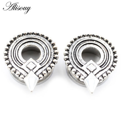 Alisouy 2pcs Stainless Steel Flower Triangle Cone Owl Zircon Star Screw Ear Tunnels Plugs Expander Gauges Body Piercing Jewelry