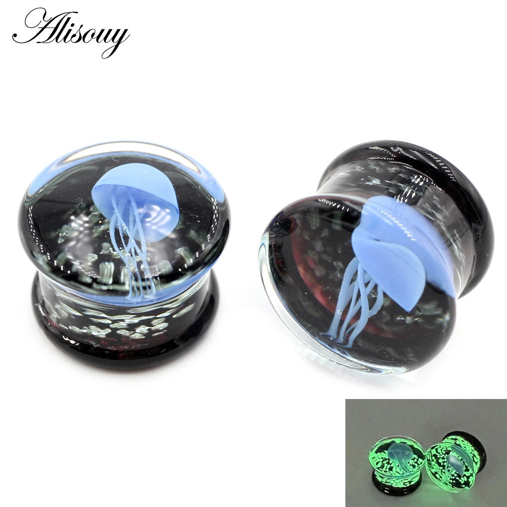 Alisouy 2pcs Transparent Round Glass Luminous Jellyfish Ear Gauges Tunnels Plugs Flesh Stretcher Expander Piercing Body Jewelry