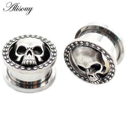 Alisouy 2PCS 8-25mm Stainless Steel Skull Screw Round Ear Gauges Tunnels Plugs Expander Stretcher Earrings Piercing Body Jewelry