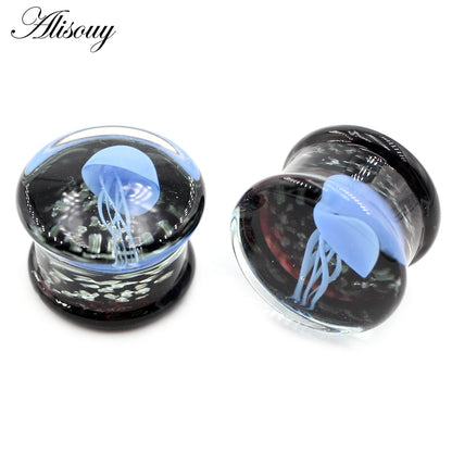 Alisouy 2pcs Transparent Round Glass Luminous Jellyfish Ear Gauges Tunnels Plugs Flesh Stretcher Expander Piercing Body Jewelry