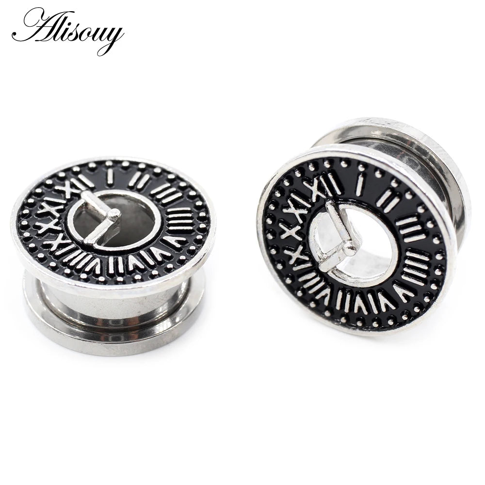 Alisouy 2pcs Stainless Steel Flower Zirconia Moon Star Clock Heart Screw Ear Tunnels Plugs Expander Gauges Body Piercing Jewelry