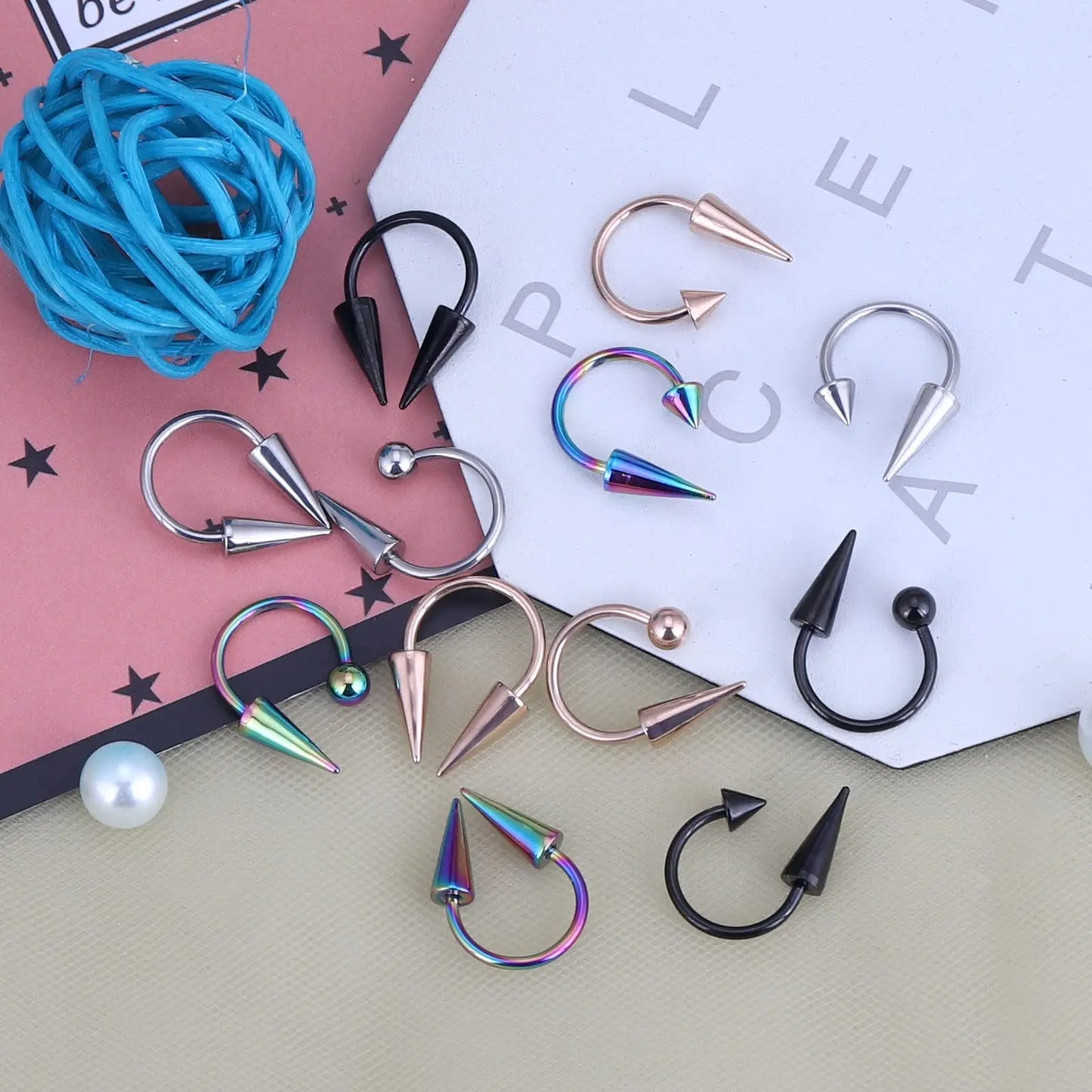 Versatile Stainless Steel Nose Ring Set - Multi-Color 16G Horseshoe Hoop and Spike Septum Piercing Kit