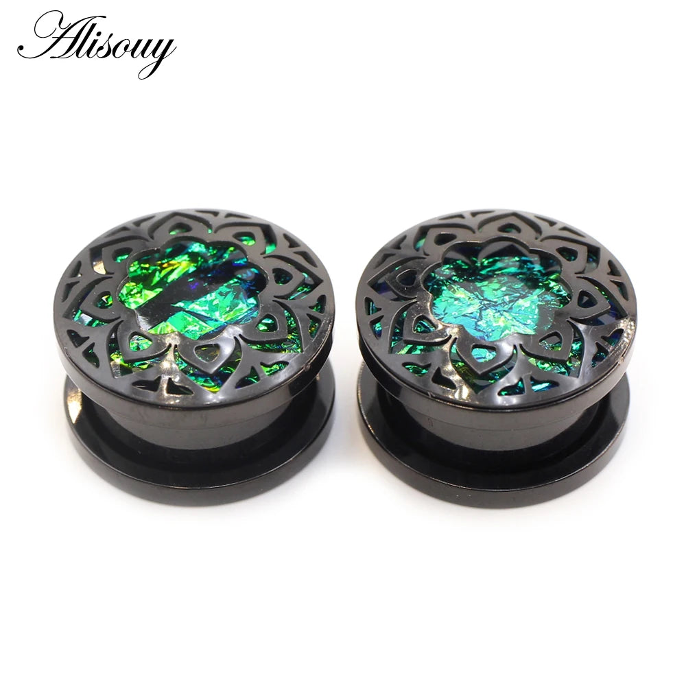 Alisouy 2pcs Retro Stainless Steel Opal Hollow Flower Ear Tunnels Plugs Expander Stretcher Gauges Earrings Body Piercing Jewelry