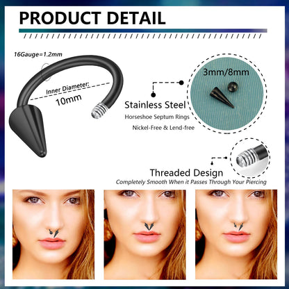 Versatile Stainless Steel Nose Ring Set - Multi-Color 16G Horseshoe Hoop and Spike Septum Piercing Kit
