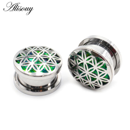 Alisouy 2pcs Retro Stainless Steel Opal Hollow Flower Ear Tunnels Plugs Expander Stretcher Gauges Earrings Body Piercing Jewelry